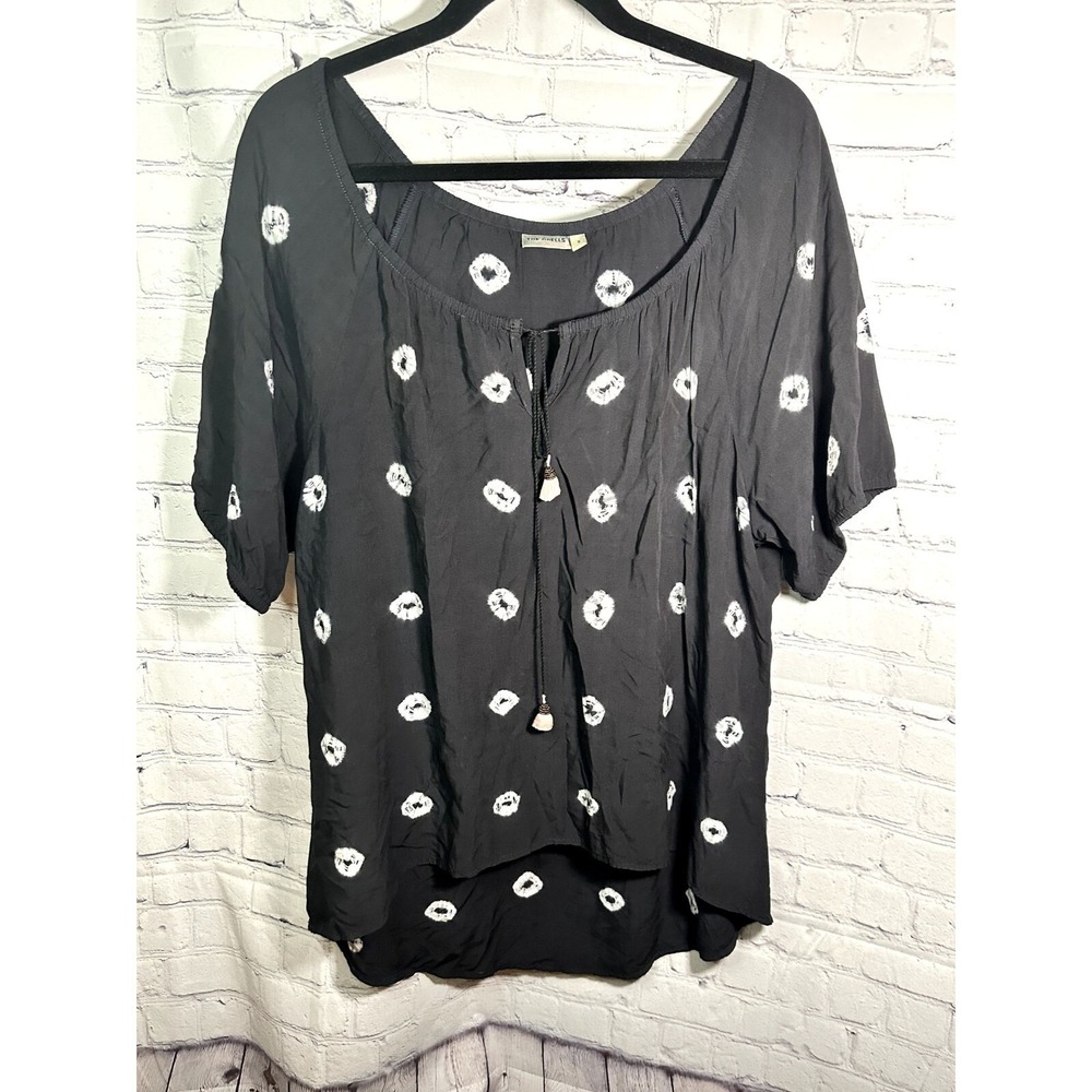 The Odells Womens Small Black White Tie Dye Shibori Peasant Blouse Tassel Top